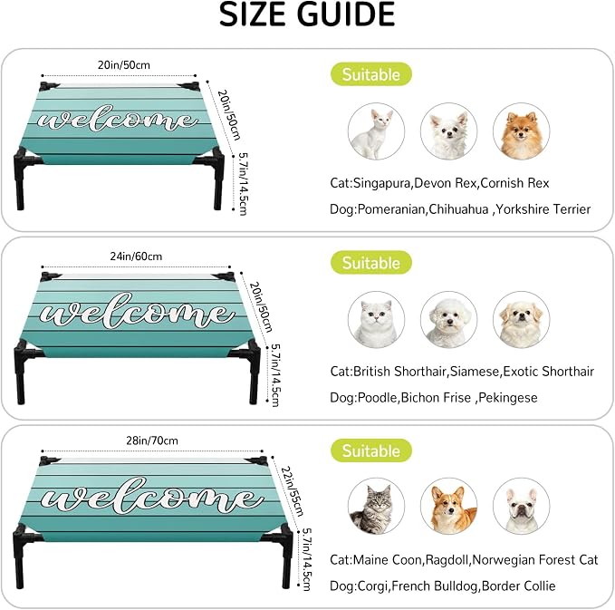 Outdoor Elevated Dog Bed for Small Dogs, Teal Green Wooden Grain Breathable Cooling Raised Dog Cot for Indoor/Outdoor, Gradient Farmhouse Wood Plank Waterproof Elevated Pet Beds, S 20 x 20 in
