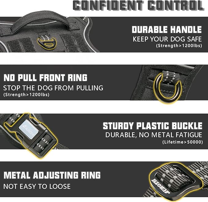 Auroth Tactical Dog Harness for Small Medium Dogs No Pull Adjustable Pet Harness Reflective K9 Working Training Easy Control Pet Vest Military Service Dog Harnesses Black S