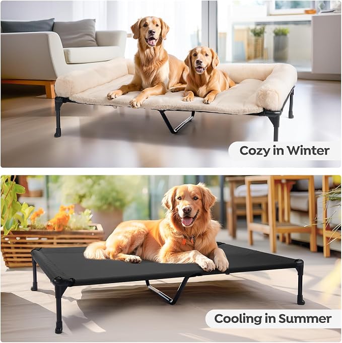 Veehoo Elevated Dog Beds Large Sized Dog with Fluffy Plush Bolster Cushion | Orthopedic Raised Dog Beds for Indoor Outdoor, Soft Pet Sofa Cot with Removable Washable Mat, No-Slip Feet, 49" x 33", White