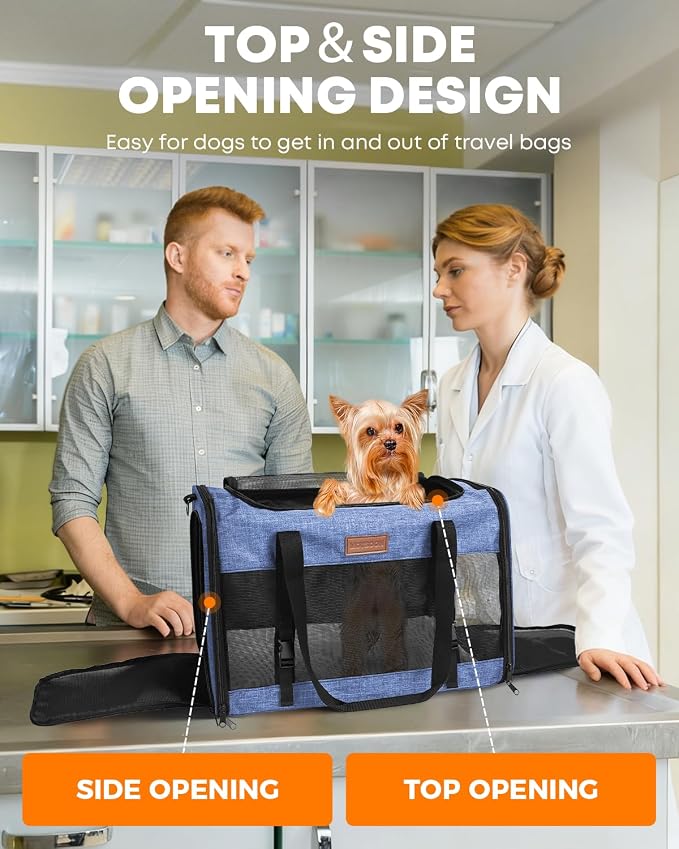 Foldable Cat Dog Carrier for Pets up to 15 Lb, Blue | Top & Side Entry, Soft-Sided Pet Carrier with Ventilated Anti-Scratch Mesh & Car Seat Buckle for Car Travel, 20×13×13 in