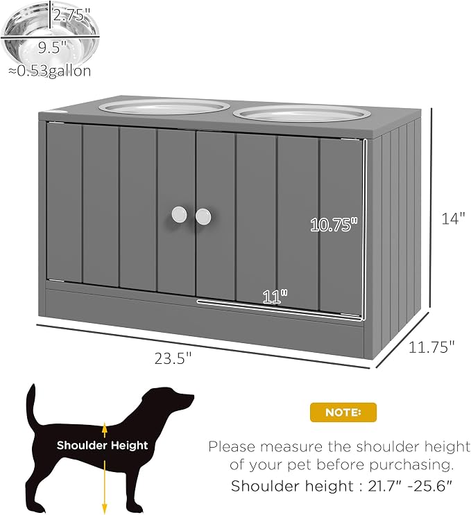 Dog Feeding Station with Storage - Large Dog Bowl Cabinet | Gray, Wood and Metal, 23.5 x 11.75 x 14 In, 44L Storage, 2 Stainless Steel Bowls