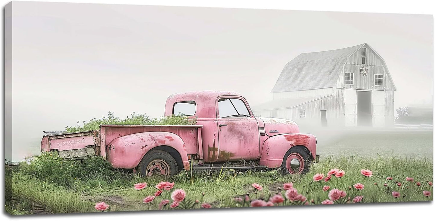 Large Rustic Farmhouse Pink Truck Wall Art for Living Room Country Barn Art Big Space Size Bedroom Office Framed Canvas Prints Pictures Painting Artwork Office Bedroom Home Decor 60"x30"