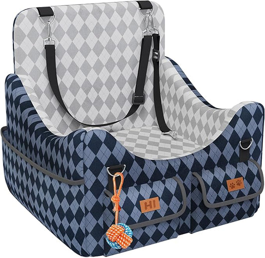 Dog Car Seat for Small/Medium Dogs up to 35lbs, 4-Pocket Storage Memory Foam Dog Booster Seat, Detachable Washable Pet Car Seat with Safety Belt, Outdoor & Indoor Use (Blue/Grey)