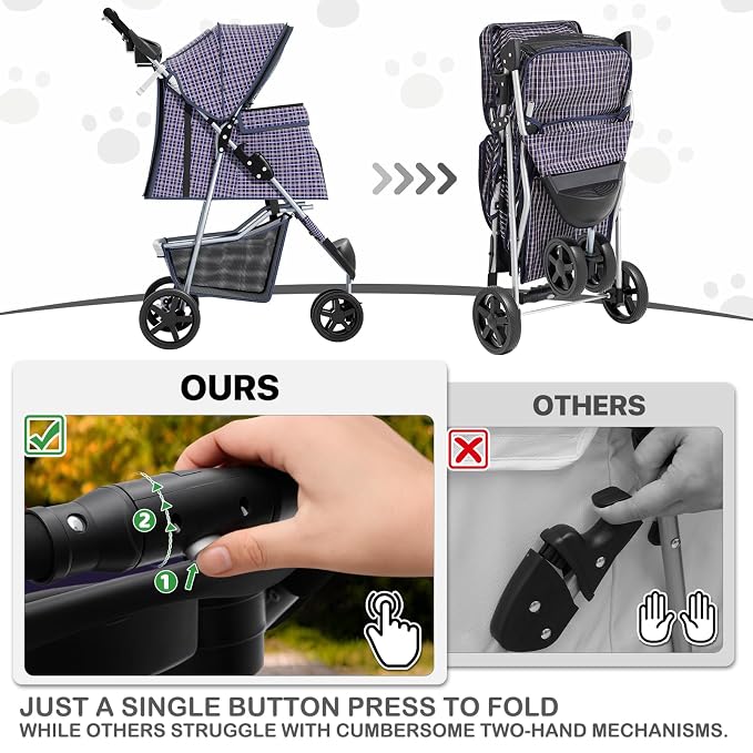 MoNiBloom Pet Stroller for Small/Medium Dogs and Cats up to 33 lbs, Plaid | Foldable 3 Wheels Pet Strolling Cart w/ Storage Basket Weather Cover Cup Holder, Breathable and Visible Mesh for All-Season