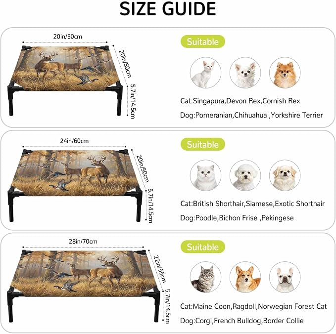 Outdoor Elevated Dog Bed for Small Dogs, Brown Deer Birds Breathable Cooling Raised Dog Cot for Indoor/Outdoor, Autumn Forest Trees Grass Natural Scenery Waterproof Elevated Pet Beds, S 20 x 20 in