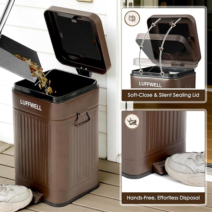 Dog Poop Trash Can Outside, 12L Metal Bin, Tray & Spade | 2 carbon filters, Step-to-open pedal, Soft-close lid, Anti-tip securing ring, Easier cleanup, Stays upright