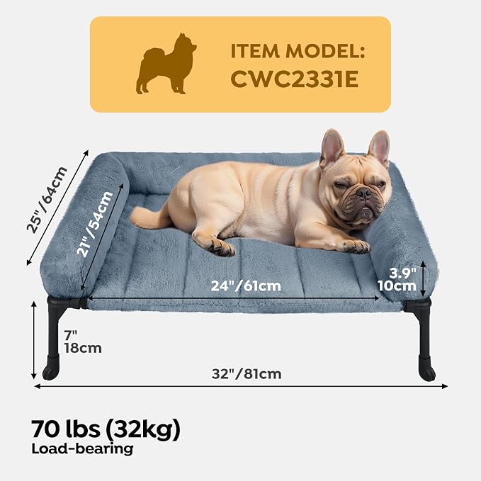 Veehoo Elevated Dog Beds Medium Sized Dog with Fluffy Plush Bolster Cushion | Orthopedic Raised Dog Beds for Indoor Outdoor, Soft Pet Sofa Cot with Removable Washable Mat, No-Slip Feet, 32" x 25", Blue