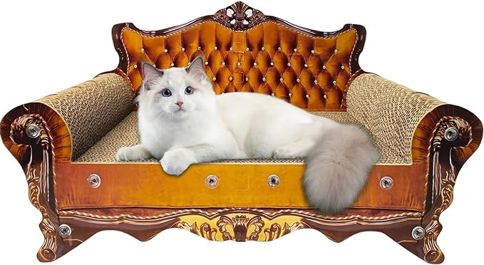 Luxury Cardboard Cat Scratcher Sofa Bed, Couch Shaped Cat Scratching Board, Scratch Lounge with Catnip, Scratcher for Indoor Cats(Brown)