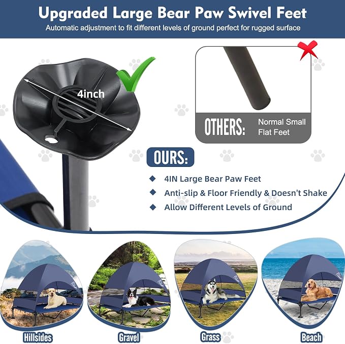 Elevated Outdoor Dog Bed with Canopy Raised Dog Cot with Shade Large Dog | Outdoor Dog Bed with Removable Wider Shade & Stable Anti-Slip Feet for Camping Raised Dogs Cot for Large Pets,Navy Blue