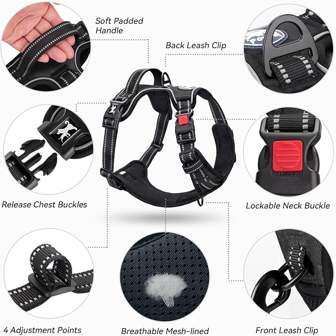 PoyPet No Pull Dog Harness Small with Front Clip & Neck Release Buckle | No Choke, Adjustable Vest, Reflective, Back Clip, Lockable, Soft Padded, Easy Control Handle for Walking Training, S, Black