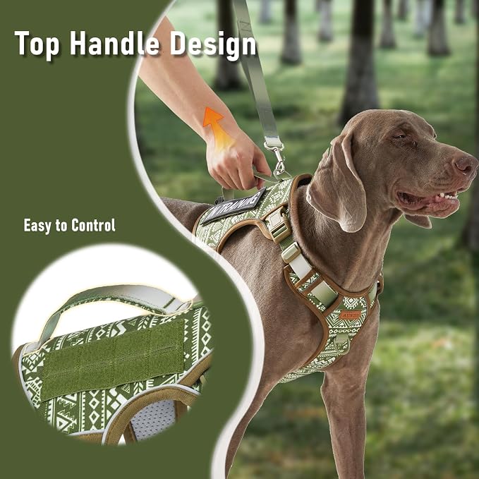 Heavy Duty No Pull Tactical Dog Harness for Large Dogs, Labrador Golden Retriever German Shepherd, Adjustable Soft Padded Dog Vest, Breathable Pet Oxford Vest with Easy Control Handle, Green Ethnic L
