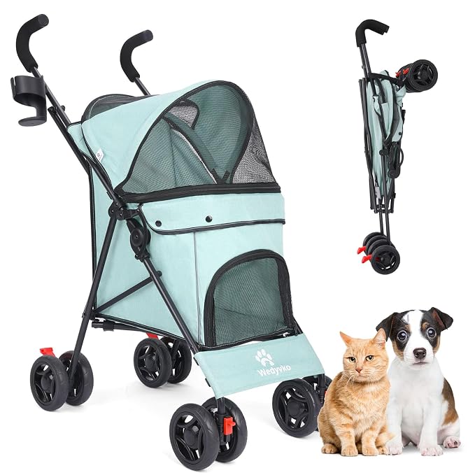 3 in 1 Pet Stroller for Small Dogs and Cats, Foldable Pet Stroller with Adjustable Handle, 6 Wheels, Breathable Mesh, Large Capacity, Easy to Carry, Green (Tealblue)