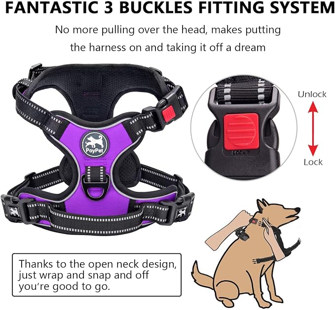 PoyPet No Pull Dog Harness Large with Front Clip & Neck Release Buckle | No Choke, Adjustable Vest, Reflective, Back Clip, Lockable, Soft Padded, Easy Control Handle for Walking Training, XL, Purple