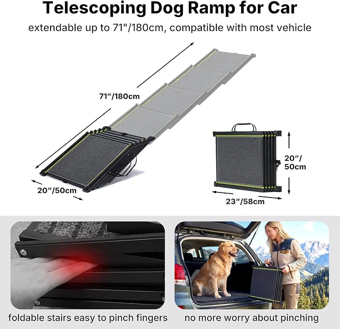 Veehoo Telescoping Large Dog Ramp for Car Truck SUV Pet Ramps 71" L & 20" W | Extra Wide Dog Steps Outdoor Lightweight Cars Ramps with Non-Slip Rug Surface, Portable Foldable Dogs Stairs Up to 110lbs