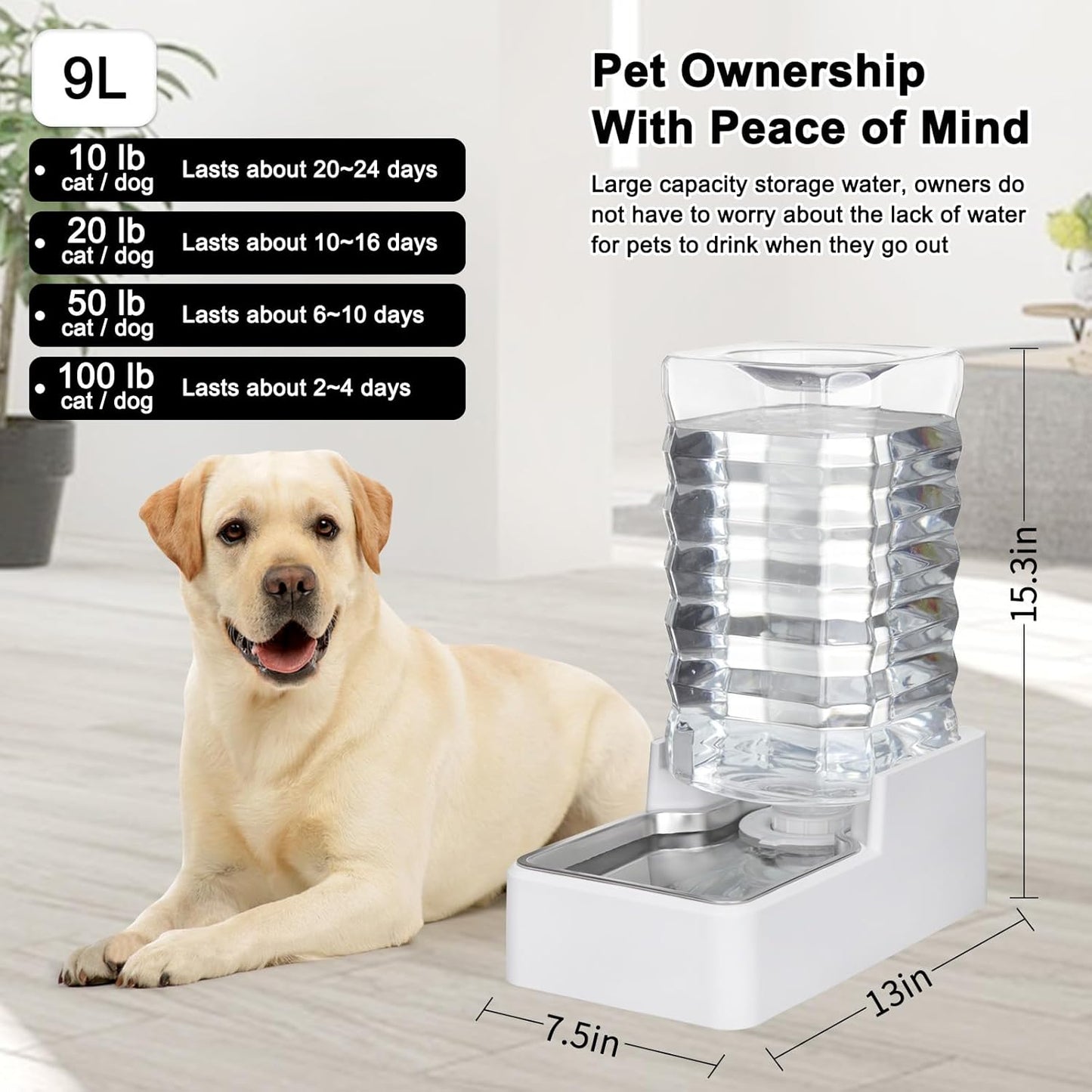 Automatic Pet Water Dispenser: 9L Gravity-Fed Stainless Steel Bowl - BPA-Free Large Capacity White Feeder for Dogs & Cats - Indoor/Outdoor Use
