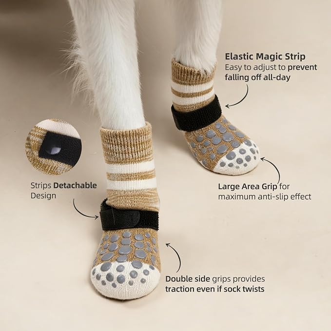 PUPTECK Anti-Slip Dog Socks with Double Sides for Small Medium Large Dogs Hardwood Floors Prevents Licking, Dog Shoes for Hot Pavement Traction Control Paw Protector for Senior Dogs, Striped Khaki L
