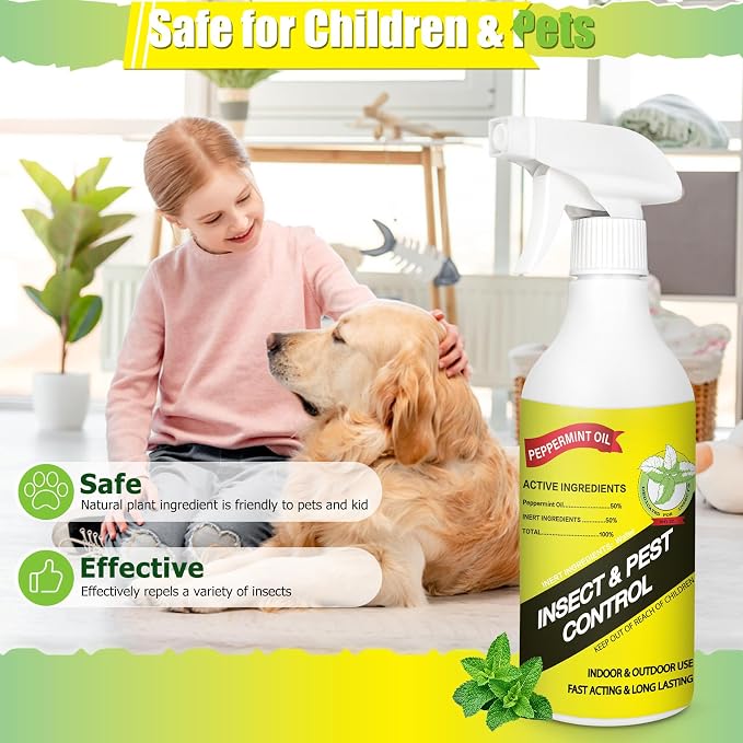 16oz Peppermint Oil Insect and Pest Spray, Natural Plant-Based Peppermint Spray Insect Repellent for Bugs, Rodents, Spiders, Ants, Roaches, Flies, Home & Kitchen Use