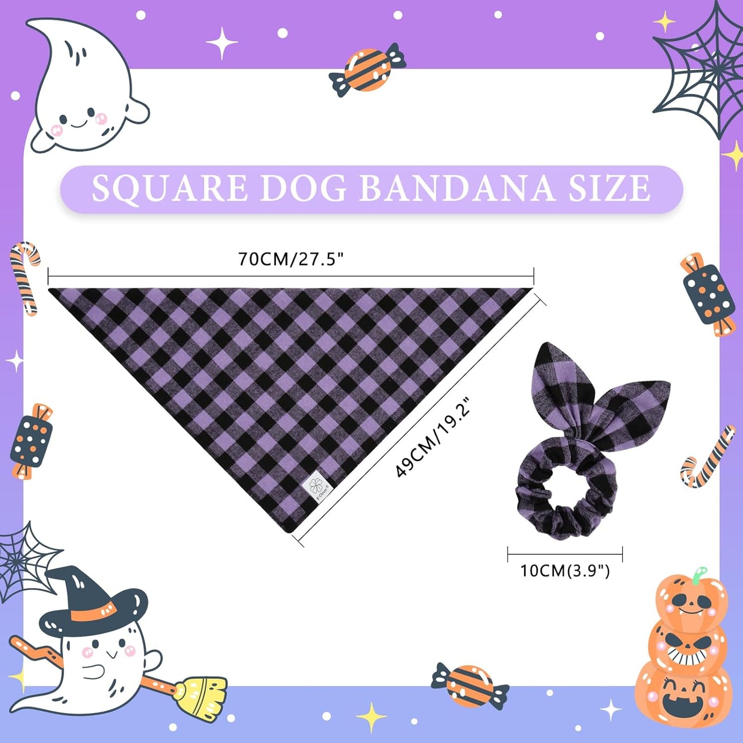 E-Clover Halloween Dog Bandanas & Matching Scrunchie-Plaid Dog Bandana Girl Boy Pet Scarf Kerchief for Medium Large Dogs Puppy Owner Mom Gifts Purple