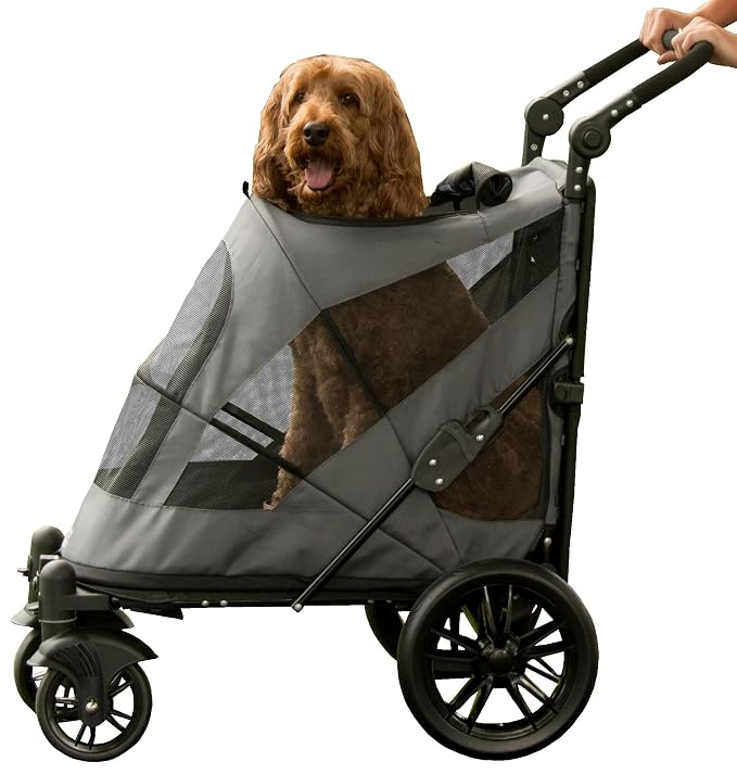Pet Gear NO-Zip Pet Stroller with Dual Entry, Push Button Zipperless Entry for Single or Multiple Dogs/Cats, Pet Can Easily Walk in/Out, Gel-Filled Tires, Pebble, Excursion