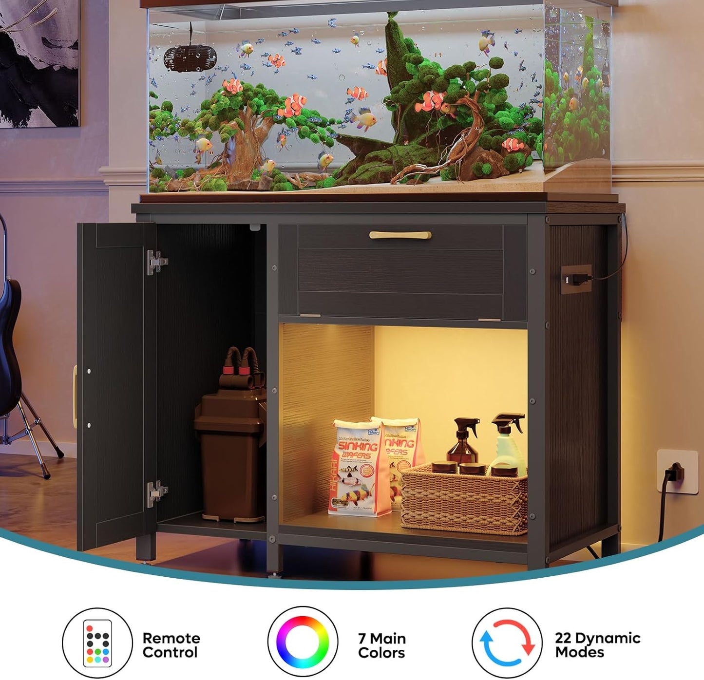 Bestier 40-50 Gallon Fish Tank Stand with Power Outlet&LED Light, 37x18 Heavy-Duty Metal Aquarium Stand with Cabinet&Drawer for Accessories Storage, Suit for Reptile/Turtle Terrarium,660Lbs Capacity