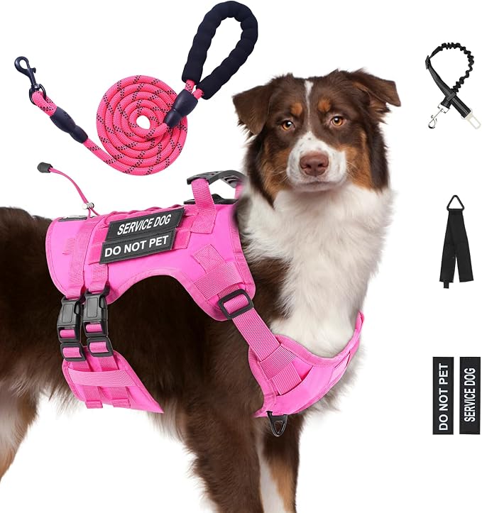 No Pull Tactical Dog Harness for Large Dogs, Service Dog Vest, XL, Pink | Tactical Dog Vest Harness and Leash Set, Adjustable Military Service Dog Harness with Handle for Medium Large Dogs