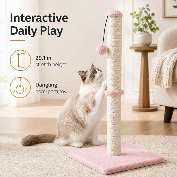 Dimaka Tall Cat Scratching Post, Claw Scratcher with Sisal Rope and Covered with Soft Smooth Plush, Vertical Scratch [Full Strectch] for Standard Size Cats (Pink, 34 inches for Large Cats)
