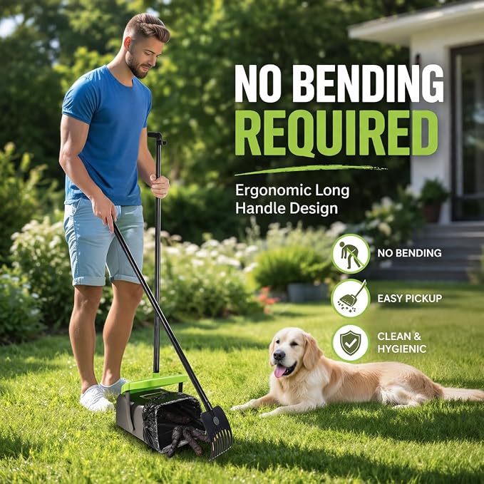 Pooper Scooper Swivel Bin & Rake Kit with 35 Bags – 46" Long Handle Heavy Duty Dog Poop Scooper with Bag Attachment, Yard Pet Waste Cleanup Tool for Large Medium Small Dogs