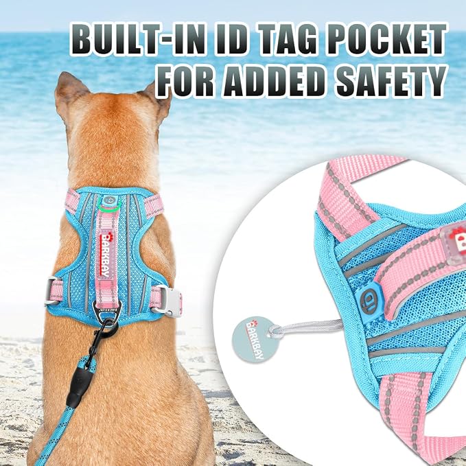 BARKBAY No Pull Dog Harness Large Reflective Dog Harness with Front Clip and Easy Control Handle for Walking Training Running with ID tag Pocket(Baby Blue & Baby Pink,M)