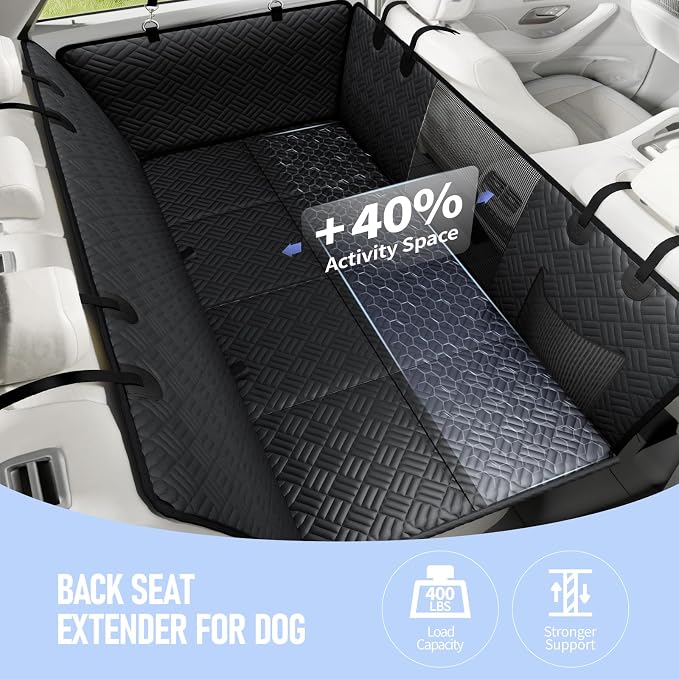 PROZAR Dog Car Seat Cover for Back Seat, Hard Bottom Back Seat Extender, Pet Cover for Dogs -Supports 400lbs, Waterproof Heavy Duty Scratch Dog Hammock for Midsize Cars & Compact SUV, 53.5in -Black