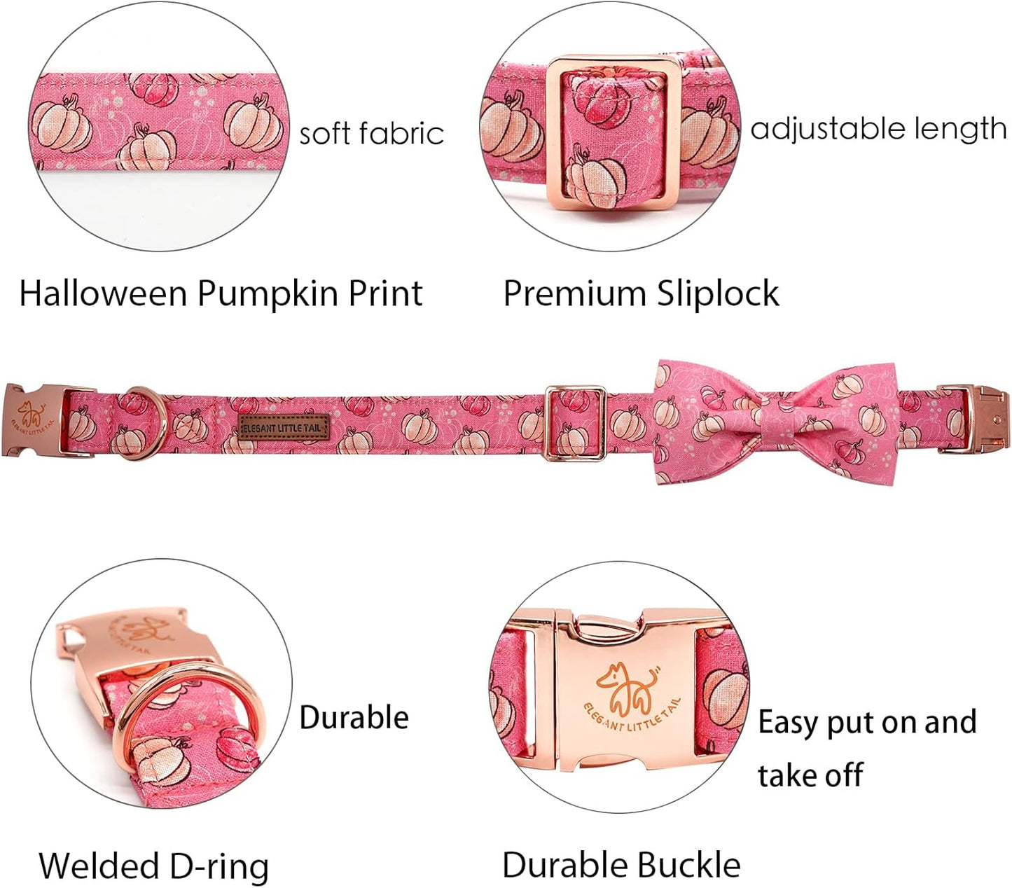 Elegant Little Tail Dog Collar with Bow, Adjustable Halloween Pumpkin Bowtie Pet Gift Collar for Small to Large Dogs