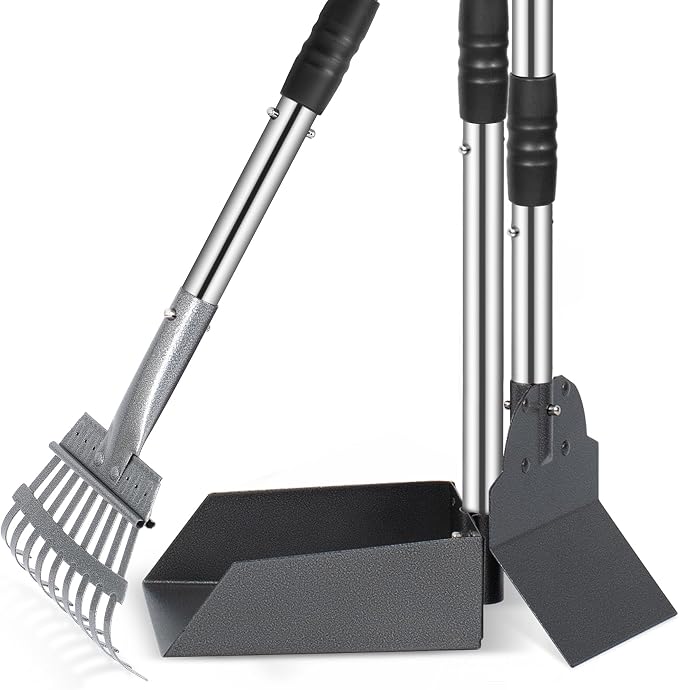 Dog Pooper Scooper, Dog Poop Tray and Rake Set with Long Stainless Handles | Pet Waste Removal Scoop with Adjustable Sectional Handles