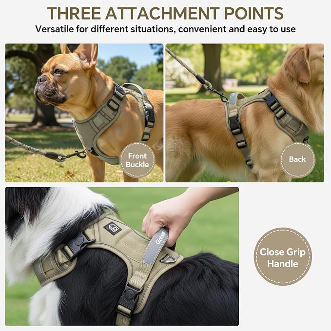 Heavy Duty Tactical Dog Harness for X-Large Dogs, No Pull Dog Harness with Handle & Front Clip, Reflective Soft Padded, Hook and Loop Panel, Dog Vest for Walking, Service Training, Khaki
