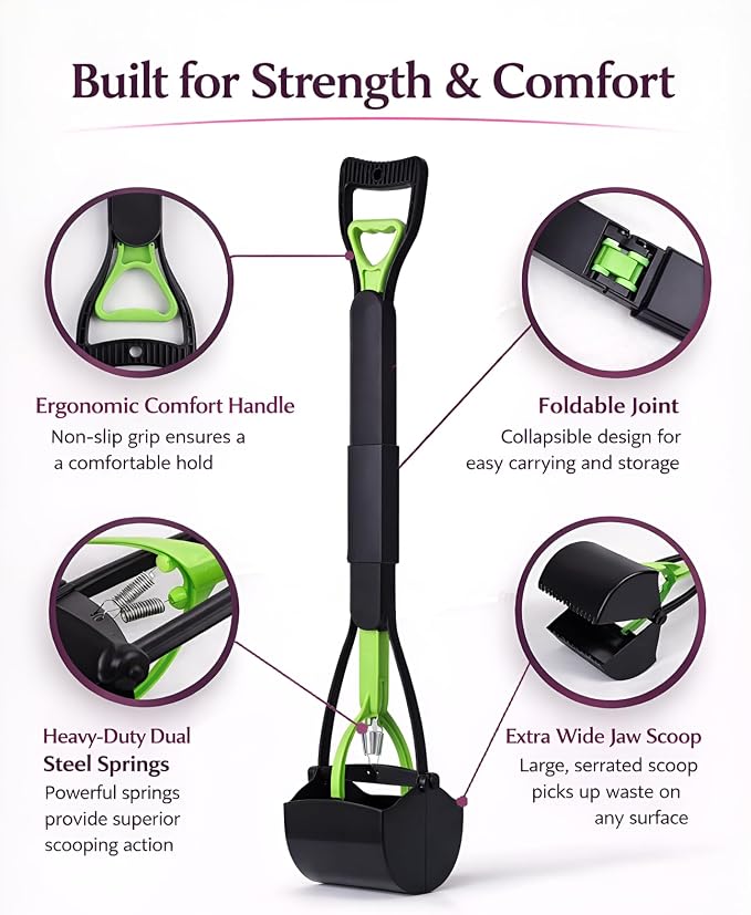 Furfusion Pooper Scooper for Large Dogs – 32" Long Handle No-Bend Dog Poop Picker Upper with 120 Waste Bags – Heavy Duty Foldable One-Hand Scoop for Grass, Gravel, Yard & Walks