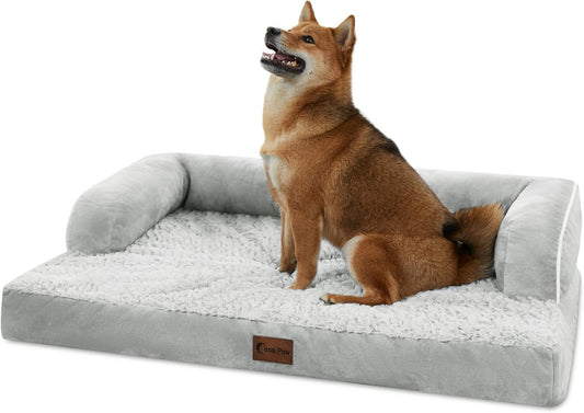 Orthopedic Dog Beds for Large Dogs, Waterproof Dog Beds, Memory Foam Dogs Couch Beds, Comfy Bolster Pet Bed with Removable Washable Cover, Nonskid Bottom (Large,Grey White)