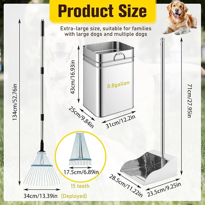 Stainless Steel Dog Pooper Scooper Set, 8.8 Gal Bucket, Long Handle | Includes Rake, Tray and Bucket for Yard Cleanup. Extra-wide Tray and Adjustable Handle Help Clean Large Dog Waste Easily