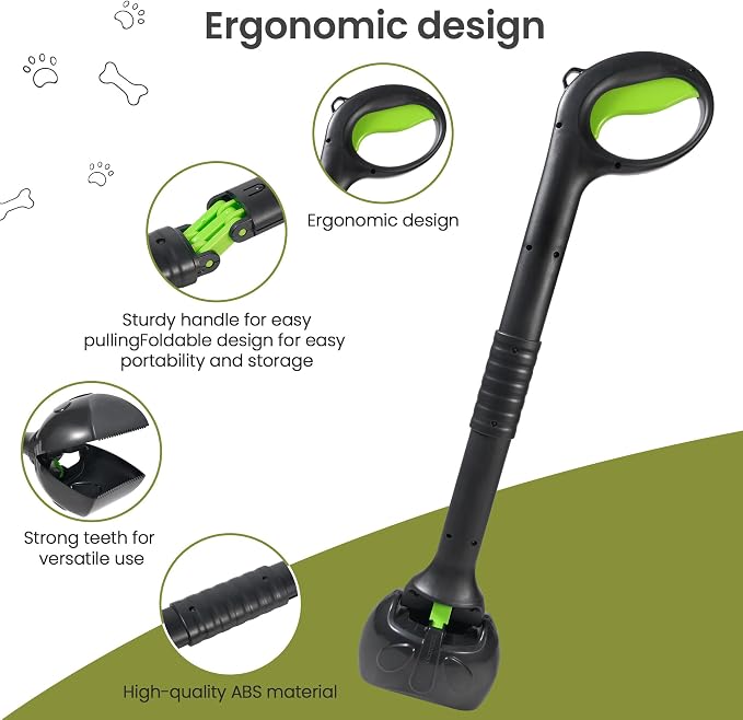 28 Inch Handle Dog Pooper Scooper Portable with Bag Attachment, One Handed Foldable Design, Includes 120 Waste Bags and Dispenser for Grass Yard Gravel Cleanup