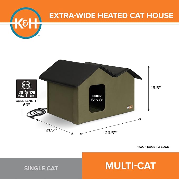 K&H Heated Cat House, Outdoor Extra-Wide Kitty House, Safety Listed, 20W | Heated Cat House for Outside, Weatherproof Shelter for Ferals, Insulated Shelter, 2 Doors, Waterproof Kitty Bed, Olive