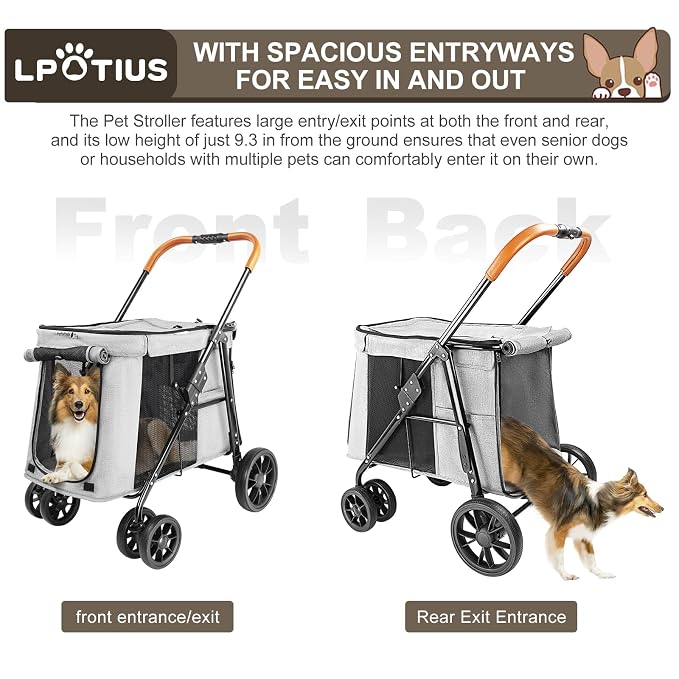 Pet Stroller for Large & Medium Dogs up to 70 lbs, 4-Wheel Extra Large Dog Stroller with 3-Way Entry & Sunshade, Heavy Duty Puppy Wagon with One-Click Folding, All-Terrain & Ventilated, Gray