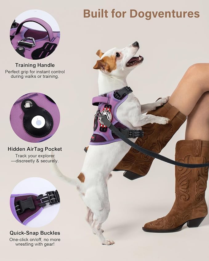 Petnanny Tactical Dog Harness No Pull Service Dog Vest S Purple | Tactical Dog Vest with breathable mesh & hook loop panel, no pull harness for walking training, adjustable fit
