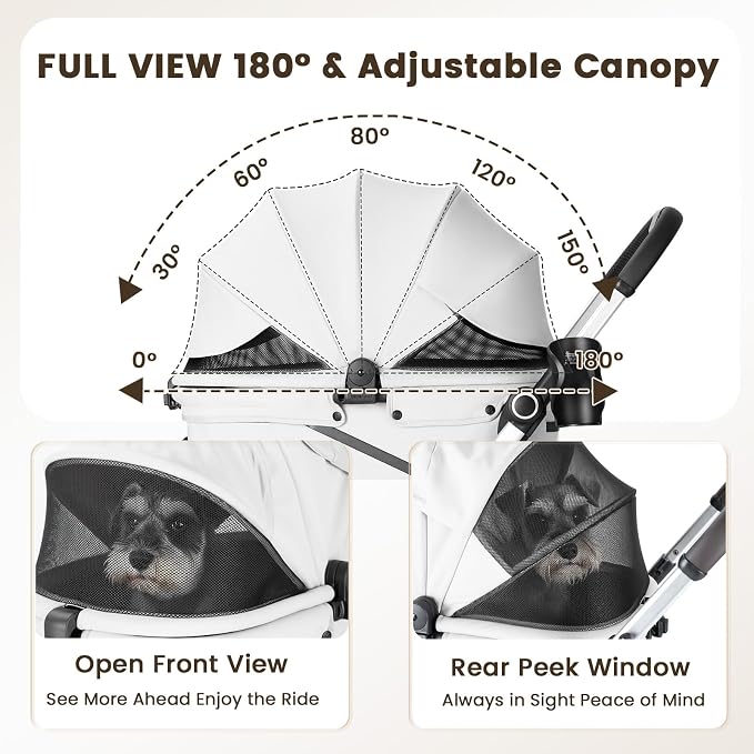 T4 Max Pet Stroller for Small Medium Dogs Cats, 4 Wheels Travel Folding Carrier Waterproof Puppy Stroller with Pad, Canopy and Cup Holder, Gray