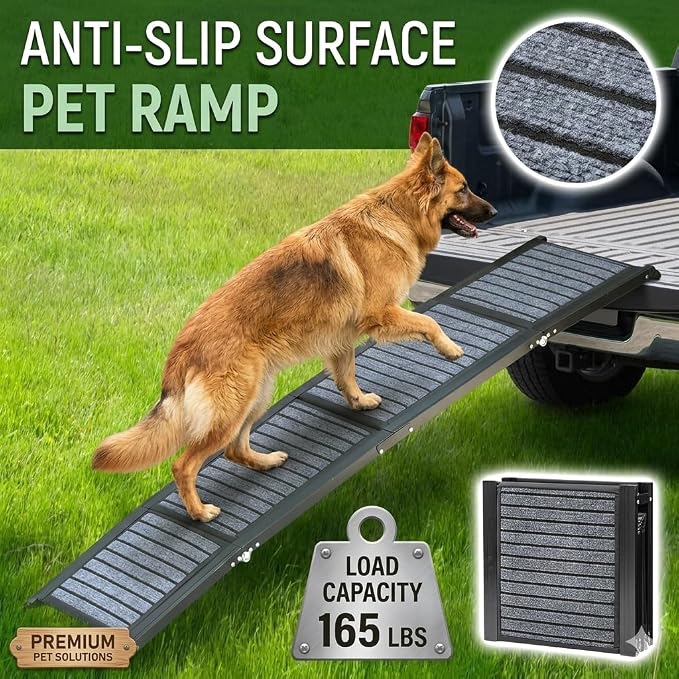 Dog Ramp for Car & SUV with Non-Slip Rug Surface – Lightweight & Foldable Pet Ramp for Dogs, Includes 4 Towels & 2 LED Lights, Safe for Cars, Trucks, Beds, Couches & Stairs