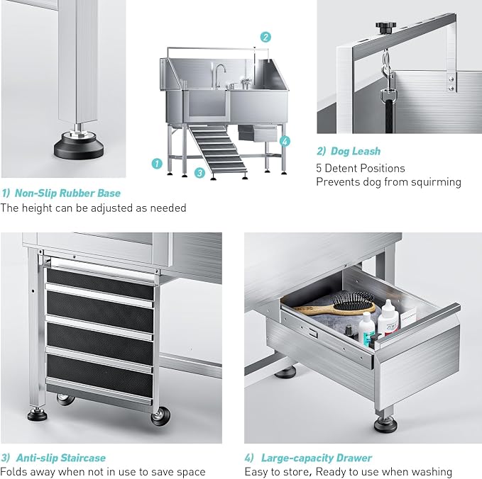 56" Dog Washing Station, 304 Stainless Steel, 600 lb, Side Ramp | 1mm Thick, hot cold faucet, fixed sprayer, shampoo dispenser, storage drawer, S-trap, hair filter, garage outdoor grooming