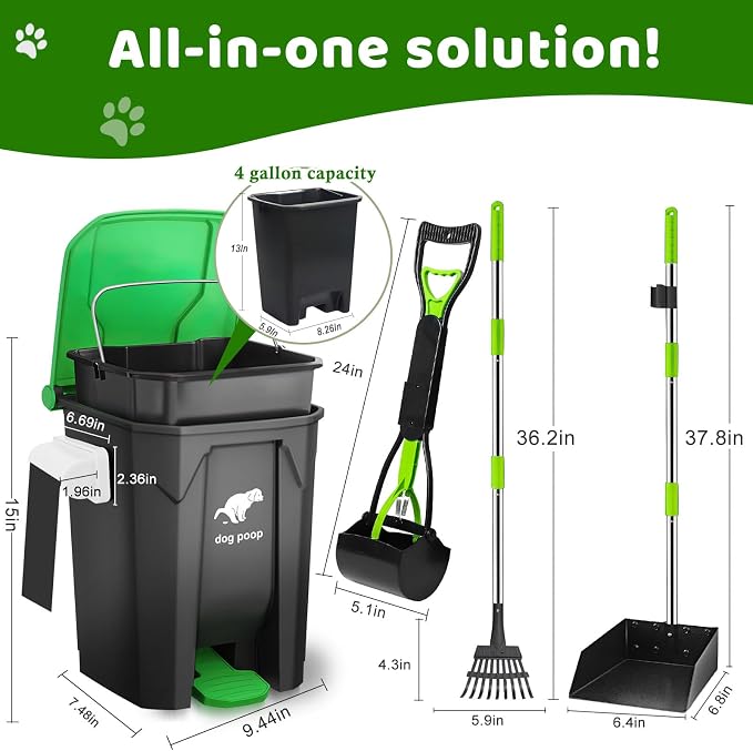 Dog Poop Trash Can Outside - 20L/5Gal Dog Poop Scooper Set, Green | Outdoor Trash Can with Lid and Removable Inner Bin,Dog Waste Trash Can with 100 Bags & Storage Box and Metal Rake & Tray