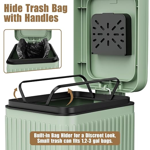 Dog Poop Trash Can for Outside & Indoor, 5L/1.3Gal Small Pet Waste Bin with Odor Control Carbon Filter, 2-Way Open (Step & Press Top), Dog Waste Container with Trash Bag Holder, Green