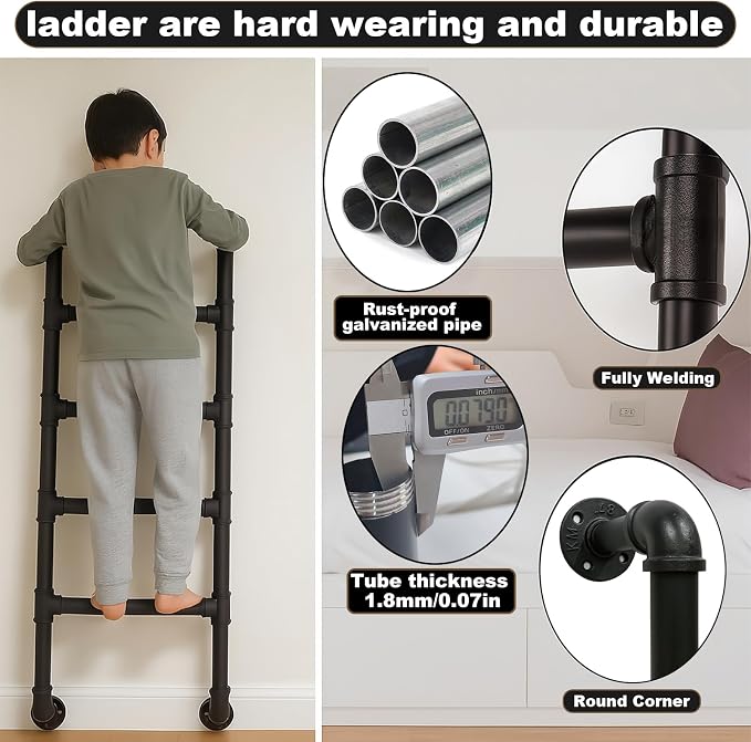 9FT Wall Mounted Ladder Heavy Duty 450lbs Capacity, 9-Step Steel Pipe Fire Escape Ladder for Egress Window & Basement, Industrial Wall/Floor-Mounted Loft