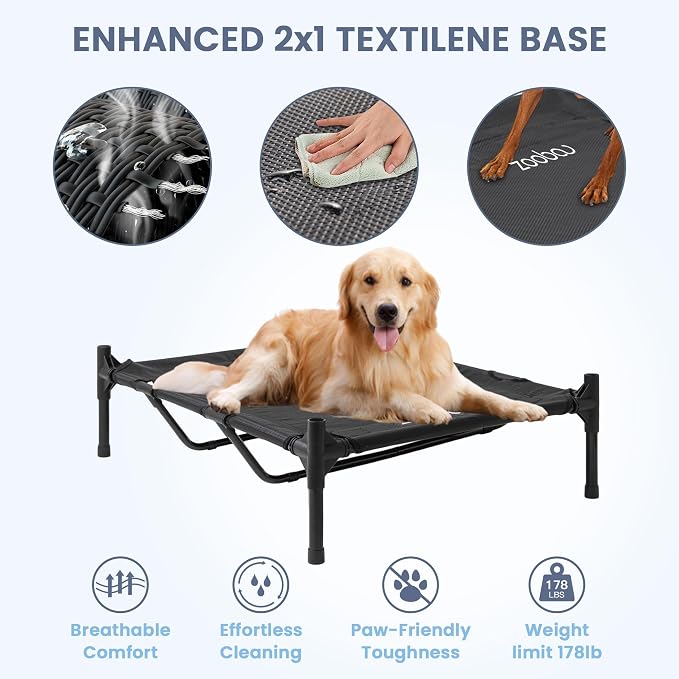 Zooba 48in XL Dog House Outdoor, Elevated Dog Bed with Canopy, Green | Weather-resistant 600D PVC canopy, breathable 2x1 Textilene elevated bed, steel frame; indoor or outdoor; easy to clean