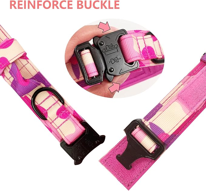 Tactical Dog Collar and Leash Set for Large Dogs with Handle,Pink Camo,XXL | 1000D Heavy-Duty Nylon Fabric,Quick-Release Metal Buckle,Adjustable Fit,Soft-Padded Webbing,D-Ring,for Training & Hiking