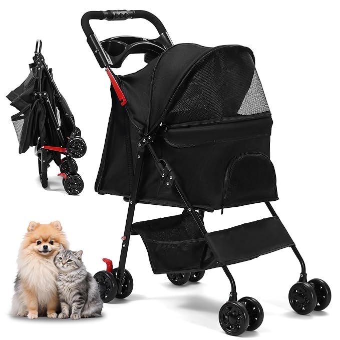 Dog Stroller for Small Dogs, Pet Stroller with 4 Wheels, Foldable Dog Strollers for Small Dogs & Cats, Cat Stroller with Storage Basket, Breathable Mesh, 360° Wheels & Rear Brakes Grey