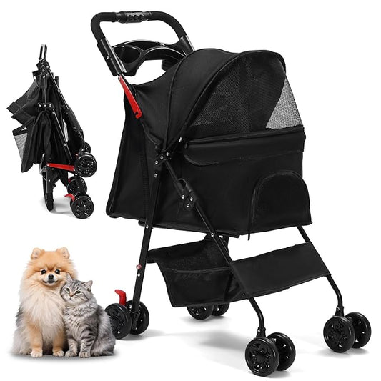 Dog Stroller for Small Dogs, Pet Stroller with 4 Wheels, Foldable Dog Strollers for Small Dogs & Cats, Cat Stroller with Storage Basket, Breathable Mesh, 360° Wheels & Rear Brakes Grey