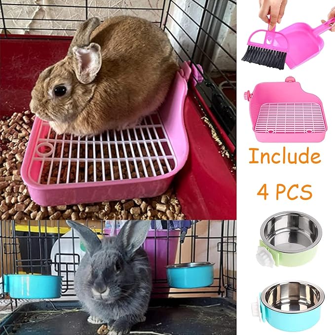 PINVNBY Rabbit Litter Box for Cage Bunny Corner Bedding Box Small Animal Litter Pan Hanging Pet Bowls Cage Potty Trainer Pet Toilet for Rabbit Bunny Guinea Pigs (Pink)